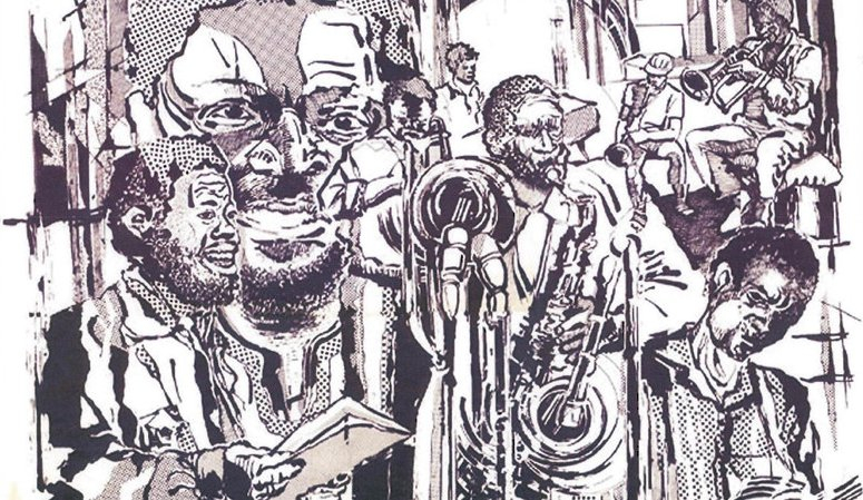 Image: The Jonas Gwangwa Shakawe’s ensemble by Thami Mnyele. This is a cropped image of the original work. 